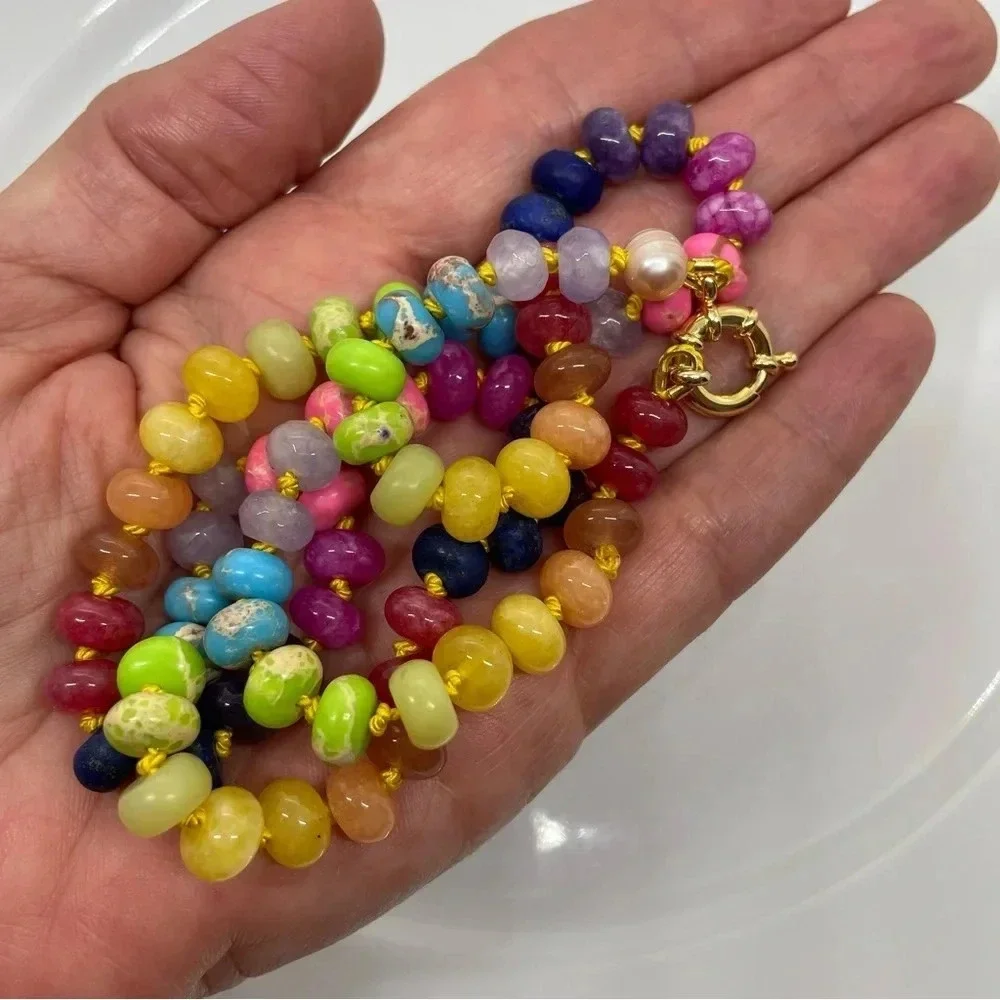 Rainbow Hand Knotted Beaded Necklace 22” Gemstones Silk Gold Plated 925 Silver - Picture 5 of 7